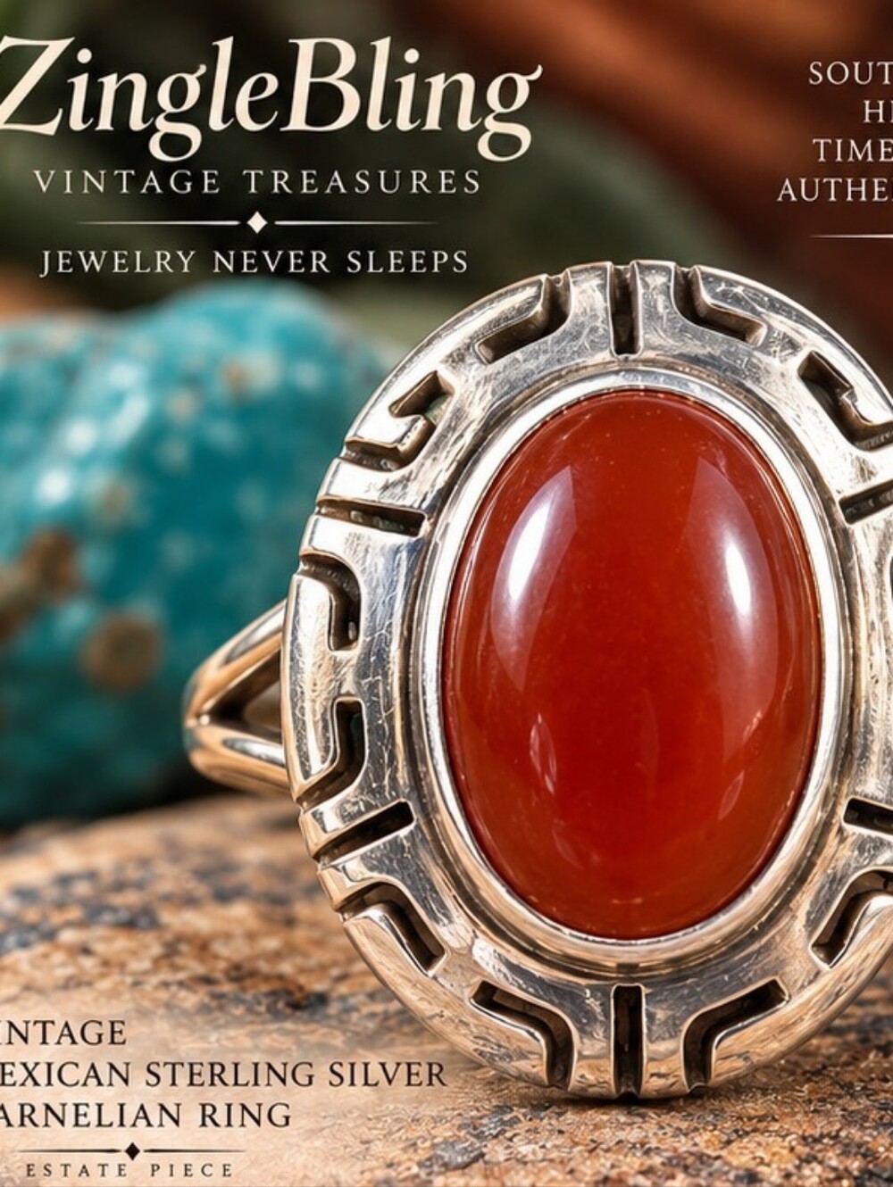Vintage Taxco Mexico 925 Sterling Silver Carnelian CH Estate Ring